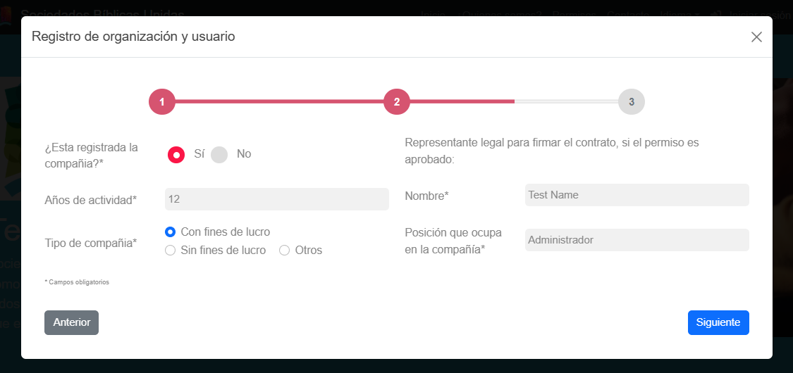 Formulario Compañía / Representante